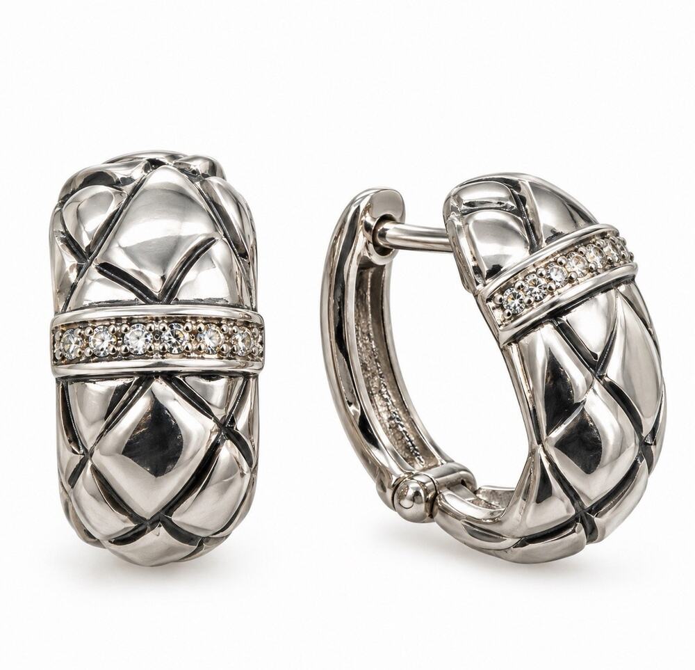 Vintage 925 Sterling Silver Diamond Accent Wide Huggie Hoop Earrings